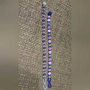 Beaded Floral Bracelet Set - Purple and Blue
